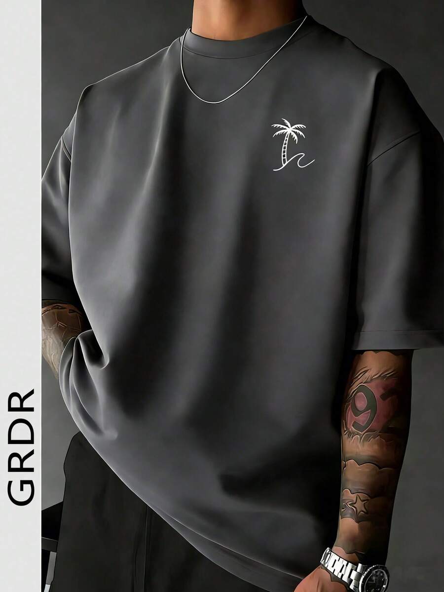 GRDR Men's Round Neck Fashionable Palm Tree Printed Short Sleeve T-Shirt, Casual - Dark Grey - View 1