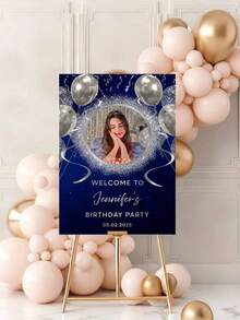 1张个性化生日欢迎牌，黑色和金色气球，蓝色气球，可定制照片、姓名、日期，可打印大幅生日海报，最佳尺寸50*70厘米，生日派对装饰，婚礼欢迎牌，父亲节礼物，家居生活，家居装饰，纪念品，周年纪念，退休，任何年龄，照片打印，无框 - 彩色 - 查看 3