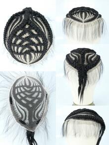 6英寸合成编织假发，独特蕾丝编织设计，平行方格编织，时尚商务发型，适合非洲男士，黑色 - 黑色 - 查看 5