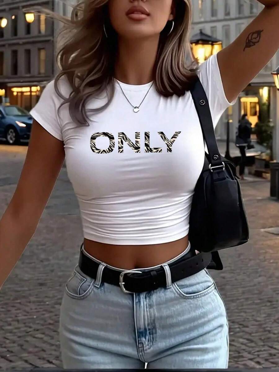 Women's New Arrival ONLY Letter Print Zebra Texture Round Neck Short Sleeve Casual T-Shirt, Spring/Autumn/Summer - White - View 1