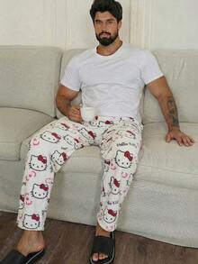 1 pieza Pantalones de pijama negros informales con Hello Kitty para hombres, pantalones rectos de anime Sanrio para cosplay, otoño/invierno - Blanco - Ver 4