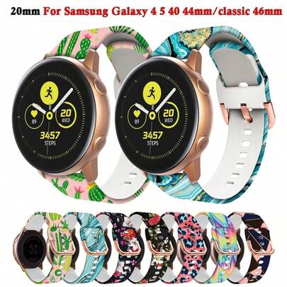 20毫米硅胶印花玫瑰金扣表带，适用于Approach S40、vivoactive 3/5、Forerunner 645/245/158/55/45、Venu SQ/2 Plus/SQ 2、D2 Air X10、Watch GT 2/3/3 Pro、荣耀Magic 2 42毫米/Watch ES、Galaxy Watch Active/3/4/4 Classic/5/5 Pro/6/6 Classic。柔软舒适，不易变形，时尚奢华，是理想的替换表带。优雅日常佩戴的理想之选，也是女士腕间配饰的完美点缀。兼容10款节日主题表带配件。