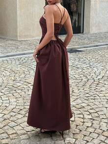 Unadoll Women's Summer Sexy Halter Deep V Ruched Cut Out Waist Back Lace Up Slit Hem Chocolate Brown Maxi Dress Elegant Vacation Party Outfit - Brown - View 2