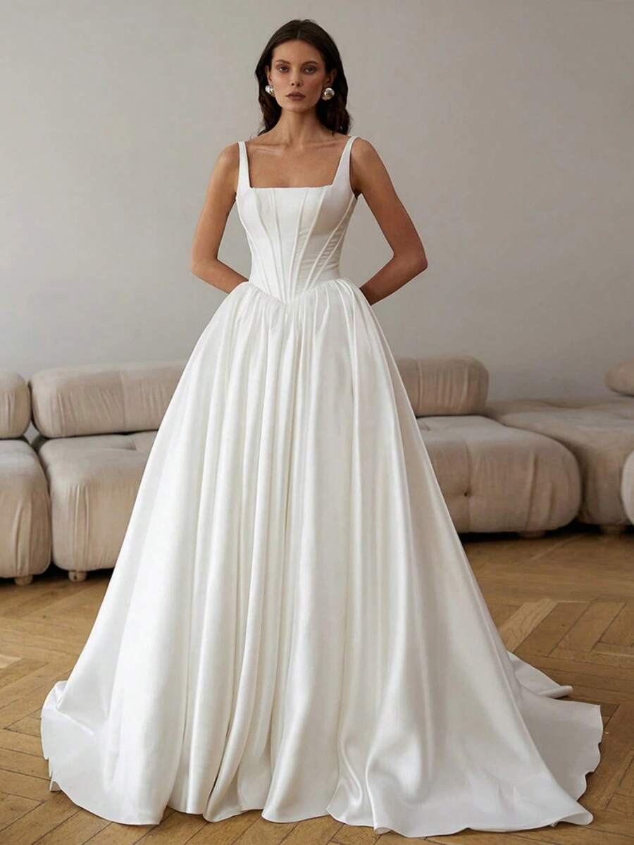 Elegant Sexy Square Neck Sleeveless Pleat A Line Satin Wedding Dress,Registry Office Dresses Bridal Gown,Evening Party Dress Birthday Party Dress Country Wedding,Romantic Church Ceremony Wedding Dress,Suitable For Wedding,Dating,Party,Singles' Party,Vacation,Formal Occasions,Dinner Dress,Prom Dress,Homecoming Dess,Cocktail Party,Wedding Guest Dress,Graduation - 白色 - 查看 1