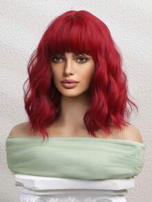 Elegant Short Curly Bobo Wig With Bangs - Heat Resistant Synthetic Hair, 100% Silk, Matte Texture, Heat Resistant, Curly Style, Breathable Rose Net Cap, Suitable For Cosplay And Halloween Parties - Red - View 5