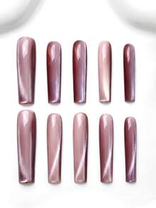 Handmade Magnetic Cat Eye Pink Brown Long Square Press On Nails, Elegant Glossy Gel Nails For Ladies, Daily, Office Chic Fake Nails Summer Easter St Patricks Day Women - Rose Gold Cat Eye - 查看 1