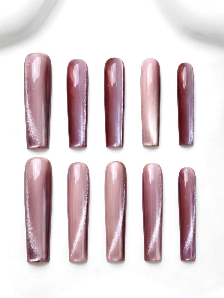 Handmade Magnetic Cat Eye Pink Brown Long Square Press On Nails, Elegant Glossy Gel Nails For Ladies, Daily, Office Chic Fake Nails Summer Easter St Patricks Day Women - Rose Gold Cat Eye - 查看 1