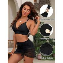 Women's Halter Bikini- Plunge V Neck Swimsuit With Mesh Cover-Up; Black Two Piece Bathing Suit; Ruched Skirt;Hardware; Summer Beach Swimwear - 多色744 - 查看 3