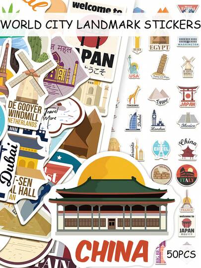 50 piezas Pegatinas de Monumentos Emblemáticos del Mundo para decorar fundas de teléfono, botellas de agua, equipaje y cuadernos, materiales DIY a prueba de agua