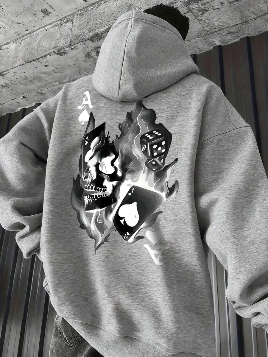 Áo hoodie nam thời trang in hình đầu lâu và quân bài, có dây rút, túi kangaroo, lớp lót giữ nhiệt thoải mái, thích hợp cho mùa thu/đông. - Xám - Xem 1
