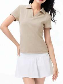 CAMEL CROWN Outdoor Quick-Drying POLO Women's Base Layer Long-Sleeved V-Neck Breathable T-Shirt - Tribute Beige - View 3