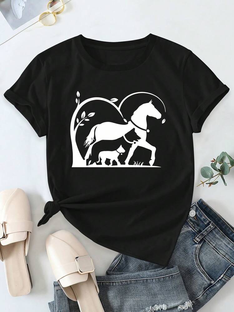 Camiseta De Manga Corta Para Mujer Con Estampado Gráfico | Puramente De Alta Calidad, Cuello Redondo Casual, Esencial Para El Verano, Lavable A Máquina - [Oscuro] - Añade 3