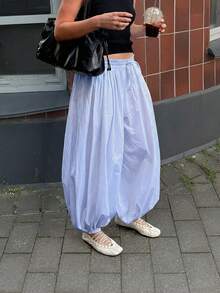 Women's Loose Woven Jogger Pants, Long Length With Pockets, Striped Design - Baby Blue - View 1