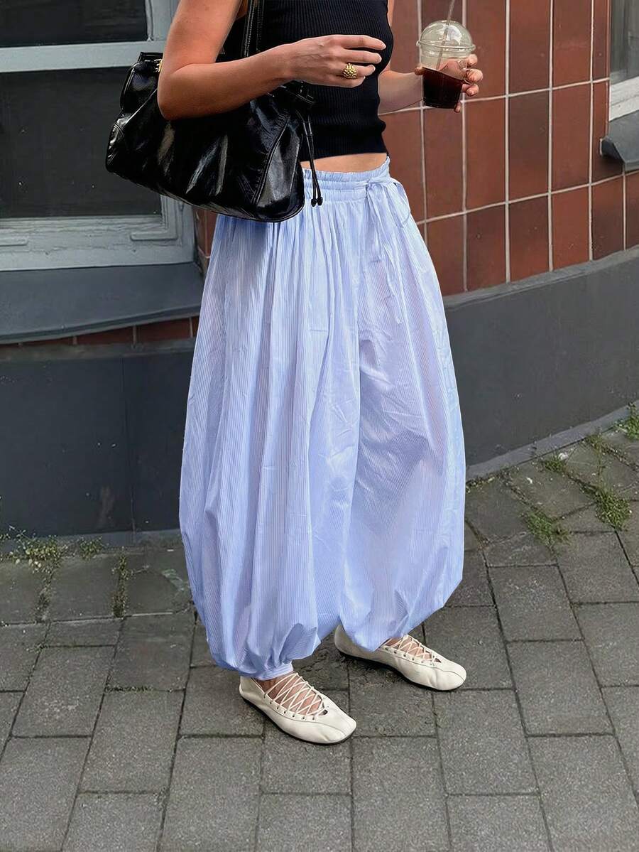 Women's Loose Woven Jogger Pants, Long Length With Pockets, Striped Design - Baby Blue - View 1