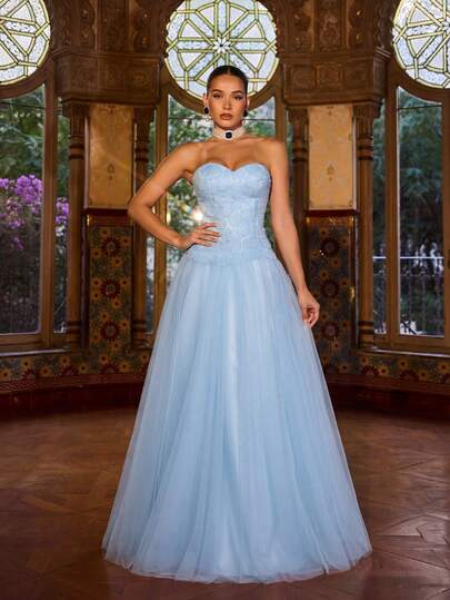 Faeriesty Elegant Strapless Mesh Formal Evening Gown - Structured Sweetheart Bodice, Voluminous Multi-Tiered Mesh Skirt, Open Back Design With Delicate Pearl Embellishments - Ideal For Wedding Photos, Luxury Weddings, Galas, Red Carpet Events, And Romantic Celebrations Spring