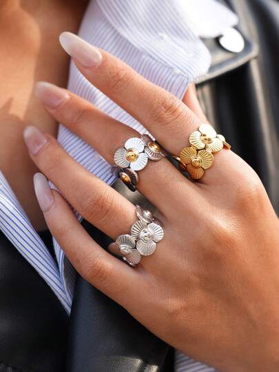 3 piezas/1 pieza Anillo de mujer de acero inoxidable chapado en oro de 18K con diseño floral vintage, joyería gruesa de mujer, joyería de moda para mujer, apilable para uso diario y fiestas