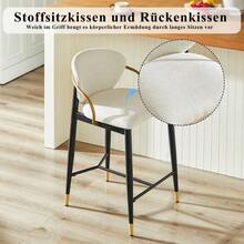 Two-Piece Set Of Beige Chenille Bar Stools, Height-Adjustable, With Contrasting Black And Gold Accents. Includes One Tall Stool With Backrest And Leg Rest, Suitable For Kitchen Islands. - White - View 3