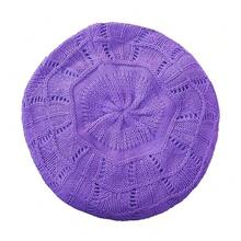 Women's Satin Lined Knitted Beret Ladies Winter Autumn Warm And Soft Beanie Hat Solid Color - Purple - View 1