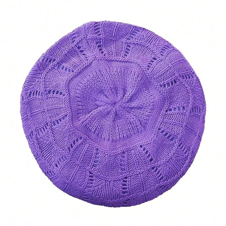 Women's Satin Lined Knitted Beret Ladies Winter Autumn Warm And Soft Beanie Hat Solid Color - Purple - View 1