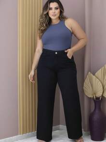 Women's Wide Leg Jeans, High Waist, Comfortable And Stylish, Plus Size - 黑色 - 查看 3