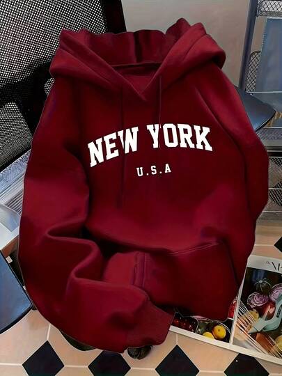New York'lu Şık Kadın Bordo Sweatshirt, İlkbahar Kadın Giyim, Yeni Sonbahar Modası 2026, Şehir Harf Baskılı Sıcak Bordo Günlük Sweatshirt