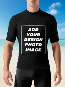 Custom Men's Basic Skins Short Sleeve Rash Guard Swim Shirts Personalized Print Quick Dry Bathing Shirt For Men Fishing Surfing- Add Your Image Photo Design Special Gift - Black - View 8