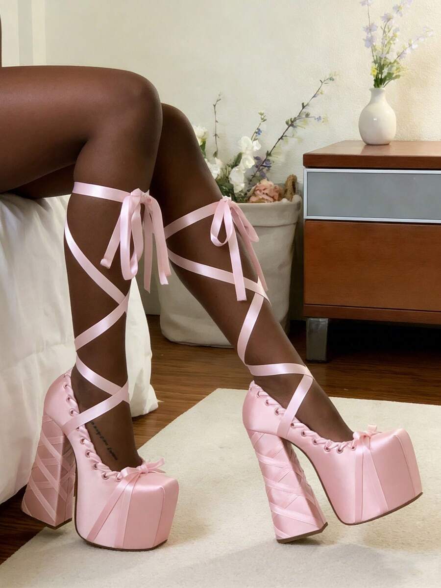Mary Jane Sweet Lolita Platform Chunky High Heels Pumps For Women Fashion Ballet Cosplay Anime Satin Lace Bow Ribbon Y2K Punk Goth Hot Lovely Gir Baroque Shoes Woman - Hồng - Xem 1
