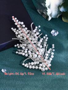 1 pieza Tocado elegante para mujer, diadema con perlas falsas y brillantes de rhinestone, tocado nupcial, accesorio para el cabello de fiesta de boda, accesorio para vestir, accesorio de boda, accesorio para mujer, decoración para el cabello de primavera/verano - Plateado - Ver 3