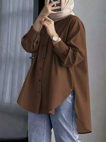 Women's Long Sleeve Plaid Shirt, Collared Button Front, Woven Fabric, Simple And Elegant Design - Brown - View 3