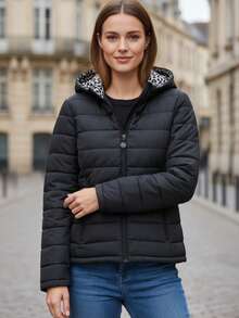 Women's Black Padded Coat, Reversible Spring/Autumn Black Bomber - Black - View 4