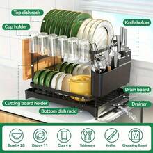 Dish Drying Rack,2-Tier Stainless Steel Dish Rack With Drainer Plate,Cup & Utensil Holder,Cutting Board Storage,Space-Saving Kitchen Organizer For Kitchen Counter & Sink,Mugs & Dinner Plates,Apartment Essentials,Kitchen Accessories,Home Decor,Black - View 5