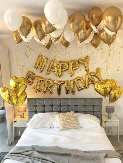 Bộ 39 bóng bay chữ "HAPPY BIRTHDAY" màu vàng 16 inch, bóng bay hình trái tim màu vàng 18 inch và bóng bay cao su 10 inch, thích hợp trang trí kỷ niệm, sinh nhật bất ngờ.