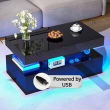 Living Room Coffee Table With LED Light, Modern High Gloss Center Table With Storage - 黑色 - 查看 10