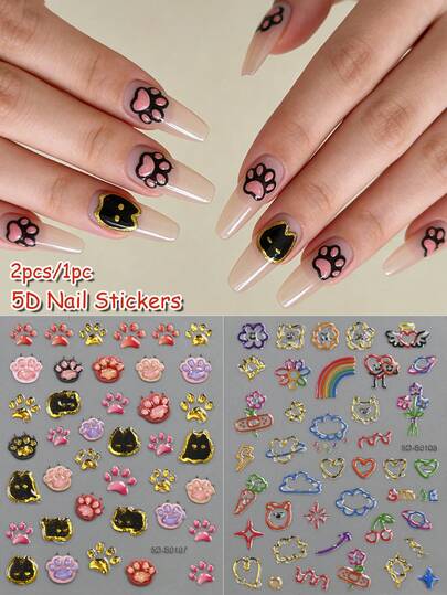 2pcs/1pc 5D Cute Pet Footpringt &Cartoon Soft Jelly Relief Flower Nail Stickers - Jelly 5D Embossed Bear Paw Design Nail Art Stickers For Japanese Style Wedding Designs DIY Nail Supplies - Self-Adhesive Relief Charms Decoration Nails For Valentine's Day,New Year,St. Patrick's Day Spring&Summer Nail Supplies