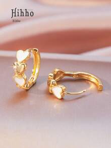 Hihho 1 Pair Warm & Sweet Copper Gold Hoop Earrings, Zirconia Accented Enamel Heart Shaped Earrings, Suitable For Daily Wear And Holiday Gift - Heart-shaped Earrings - View 8