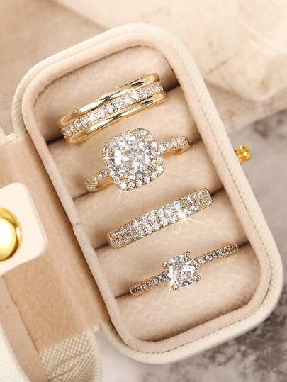 4 Pcs Fashion Cubic Zirconia Rings With Box For Women For Wedding Engagement Anniversary Party Jewelry Valentine's Day Gift