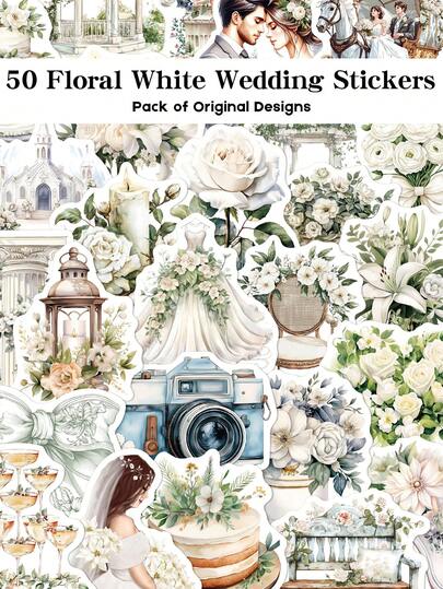YWWBLD 50张复古花卉白色婚礼贴纸，适用于行李箱、笔记本电脑、剪贴簿、储物柜、礼品装饰、DIY涂鸦贴纸