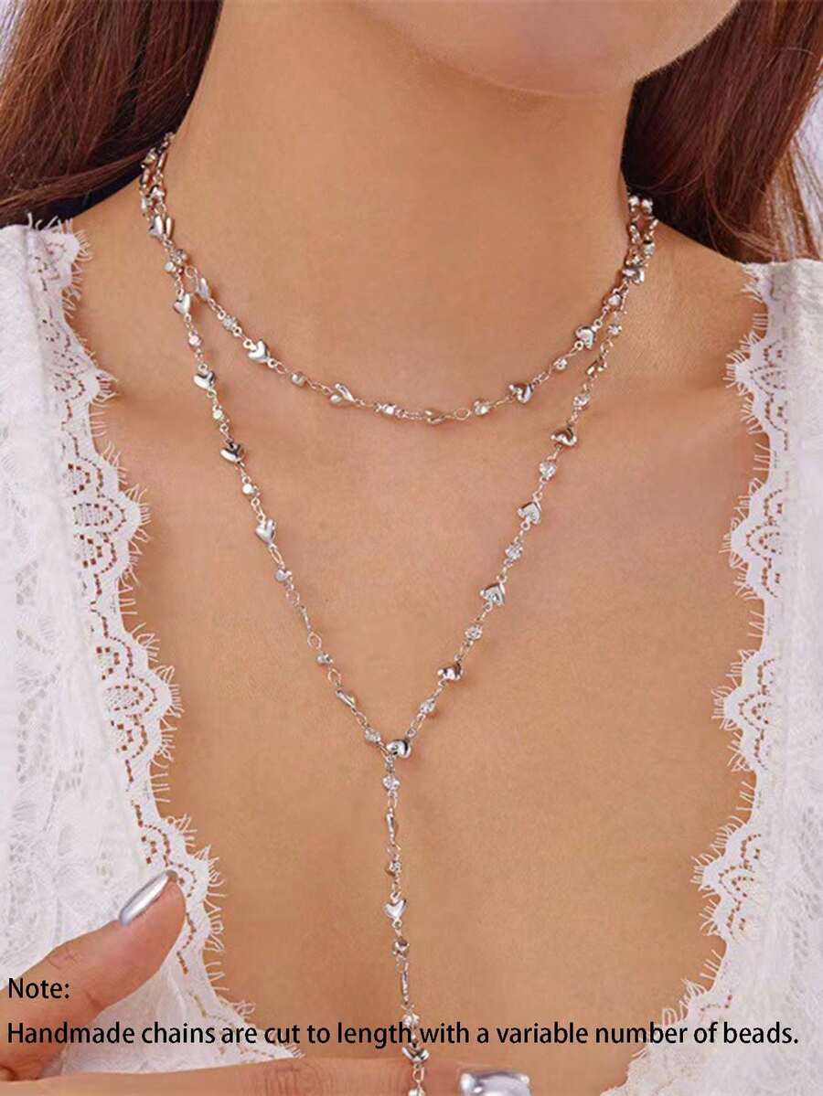 1pc Fashionable Double-Layer Heart Y-Necklace, Suitable For Women's Daily Casual, Party Wear, Holiday Gift - Silver - View 1