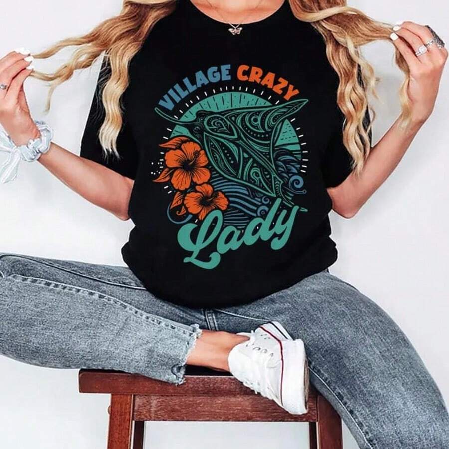 Vintage  Village Crazy Lady T-Shirt, Grandma Tala Manta Ray Shirts, Birthday Gift Tee, Disneyworld Shirt, Disneyland Family Trip_1 - Black - View 1