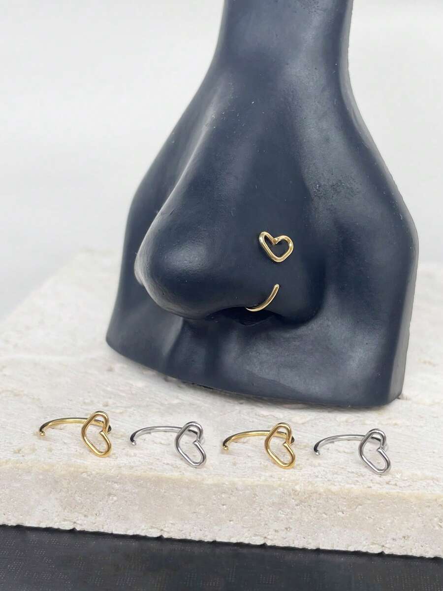 1件/2件装不锈钢心形鼻钉耳环唇环鼻环穿刺饰品，夏季配饰