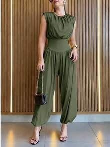 ChicMe Bộ jumpsuit không tay xếp ly xẻ tà dành cho nữ, trang phục hở lưng thanh lịch thường ngày. - xanh quân đội - Xem 2