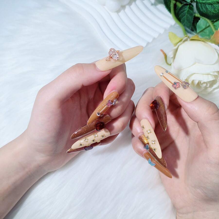 Nude & Caramel Brown 2026 New Handmade Press On Nails, Sparkle Gem Extra Long Stiletto Shape, Removable Reusable Fashionable Unique False Nails - Nude & Caramel Brown - View 1