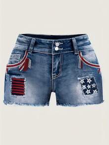 Plus-Size Women's High-Waisted Denim Shorts, Featuring Fashionable Back Pocket Embroidery With Frayed Edges, Suitable For Campus, Daily Wear, And Washable Stretchy Plus-Size Women's Skinny Jeans. - 中等水洗藍 - 查看 4