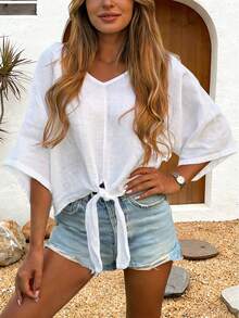 女士V领系带亚麻衬衫，宽松蝙蝠袖休闲通勤上衣，夏季修身款 - 白色 - 查看 1