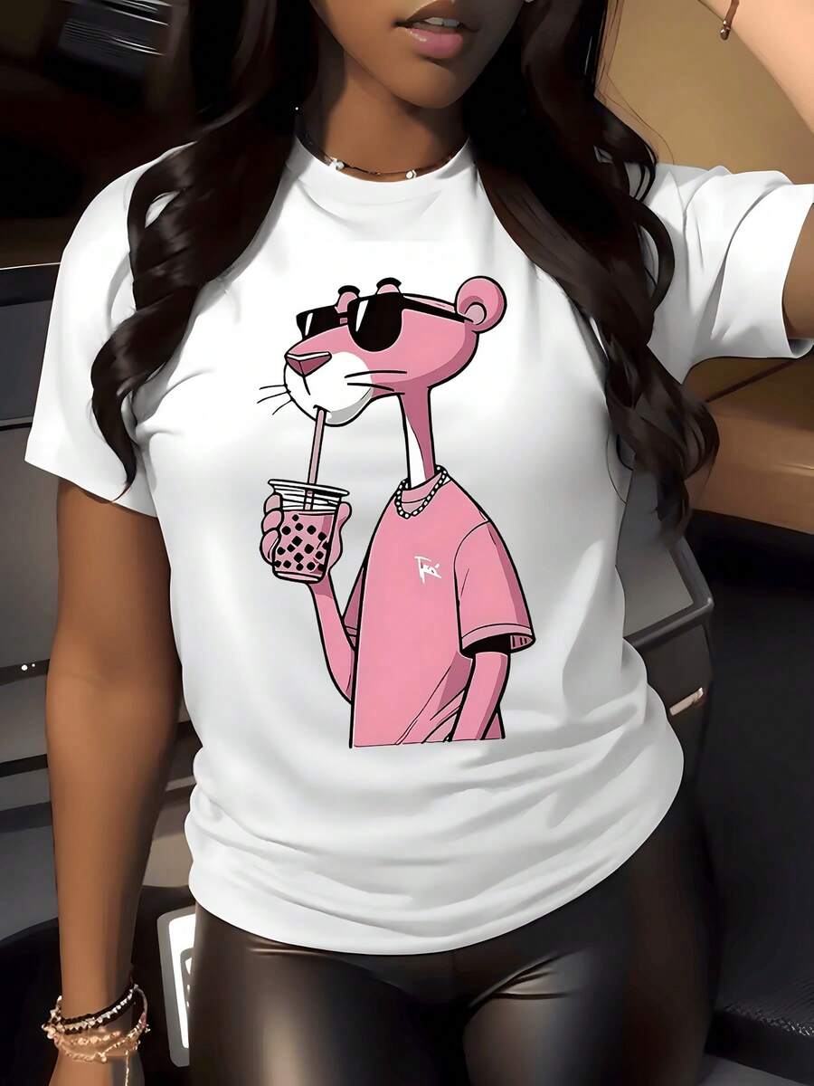 Figura de un felino rosado con gafas y bebida transmite confianza y humor moderno perfecta para quien disfruta un toque urbano camiseta de mujer 220g casual cómoda para uso diario - Blanco - Ver 1