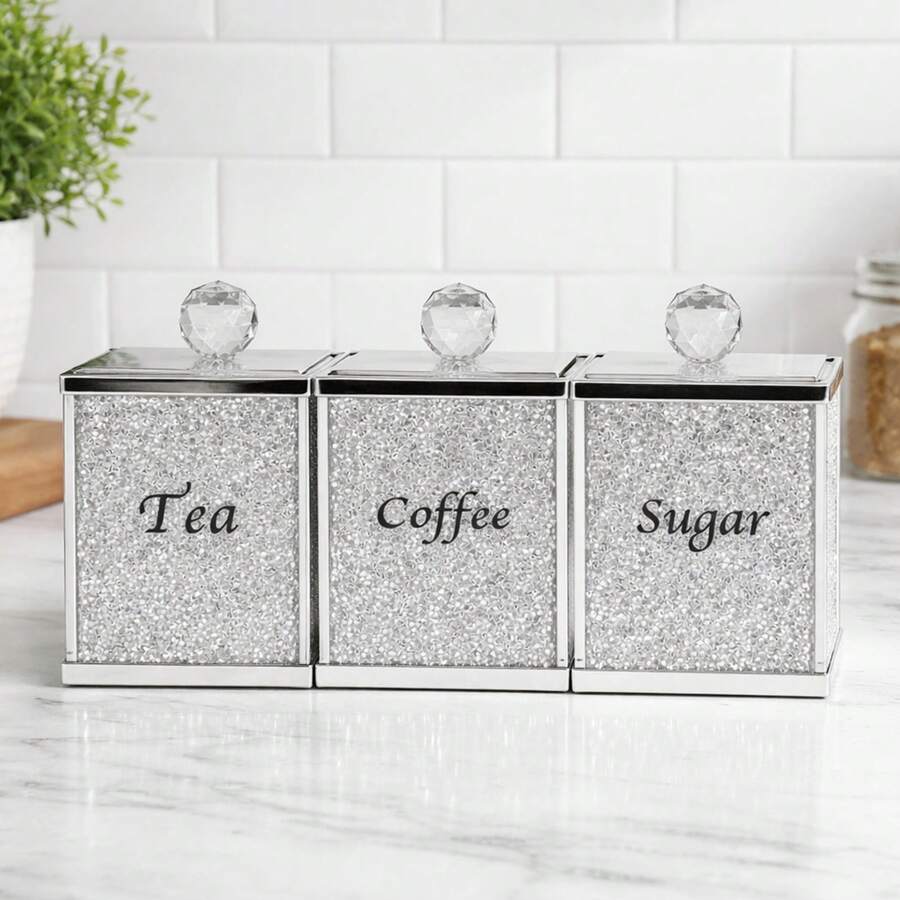 Tea Coffee Sugar Canisters Set, Glass Crushed Diamond Crystal Filled Storage Jars With Lids, Reusable Tea Coffee Sugar Containers For Kitchen Countertop, Home Decor & Gift - 銀色 - 查看 1