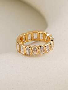 1 pieza Anillo de circonita cúbica elegante, adecuado para uso diario de mujeres, fiestas, bodas, regalo de vacaciones, joyería nupcial - Dorado - Ver 7
