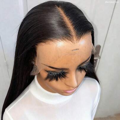 VIOLLY 34英寸 13x6 高清自然黑骨直发蕾丝前假发，真人发混纺，13x4 巴西透明蕾丝前假发，女士款，预漂白，带婴儿发。