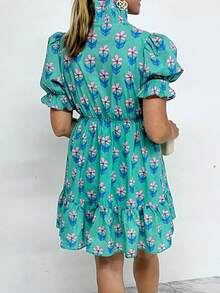 Acelitt 女士休闲绿色碎花高腰褶皱迷你连衣裙，夏季 - 綠色 - 查看 2