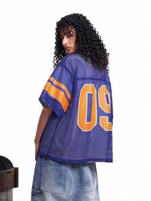 MT99 镂空网眼极简印花美式运动球衣T恤，情侣装 - 藏蓝色 - 查看 3